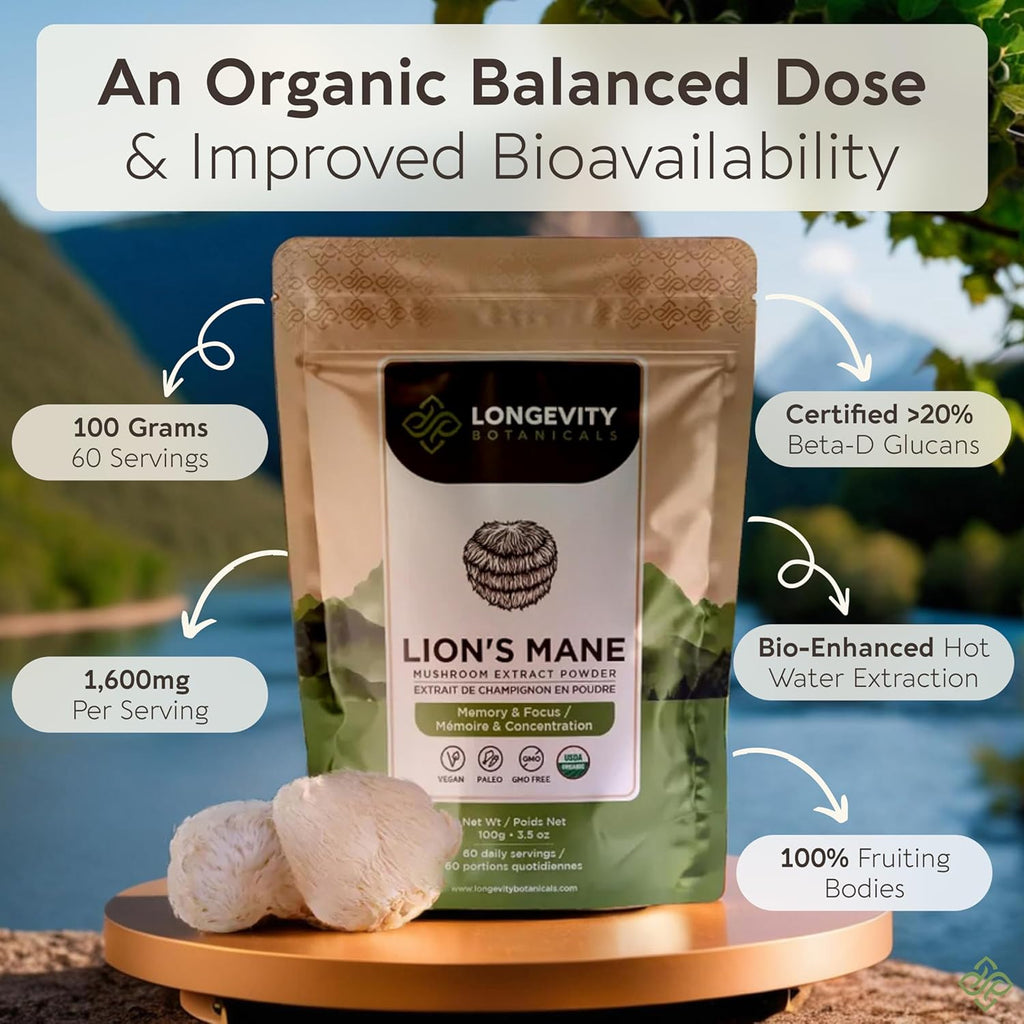 Organic Lions Mane Powder Mushroom Supplement 100g | Pure Fruiting Body 8:1 High Strength Extract | 20% Beta-D Glucans | 13,280mg Raw Equivalent Per Serving | Focus, Memory, Gut, Nerve & Brain Support