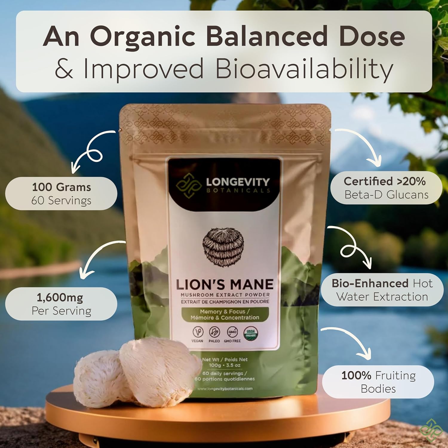 Organic Lions Mane Powder Mushroom Supplement 100g | Pure Fruiting Body 8:1 High Strength Extract | 20% Beta-D Glucans | 13,280mg Raw Equivalent Per Serving | Focus, Memory, Gut, Nerve & Brain Support