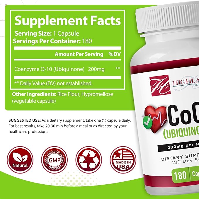 CoQ10 200mg 180 Vegetarian Capsules for Heart Health, Non-GMO, Easy to Swallow, Supports Cellular Energy Production and Cardiovascular Health