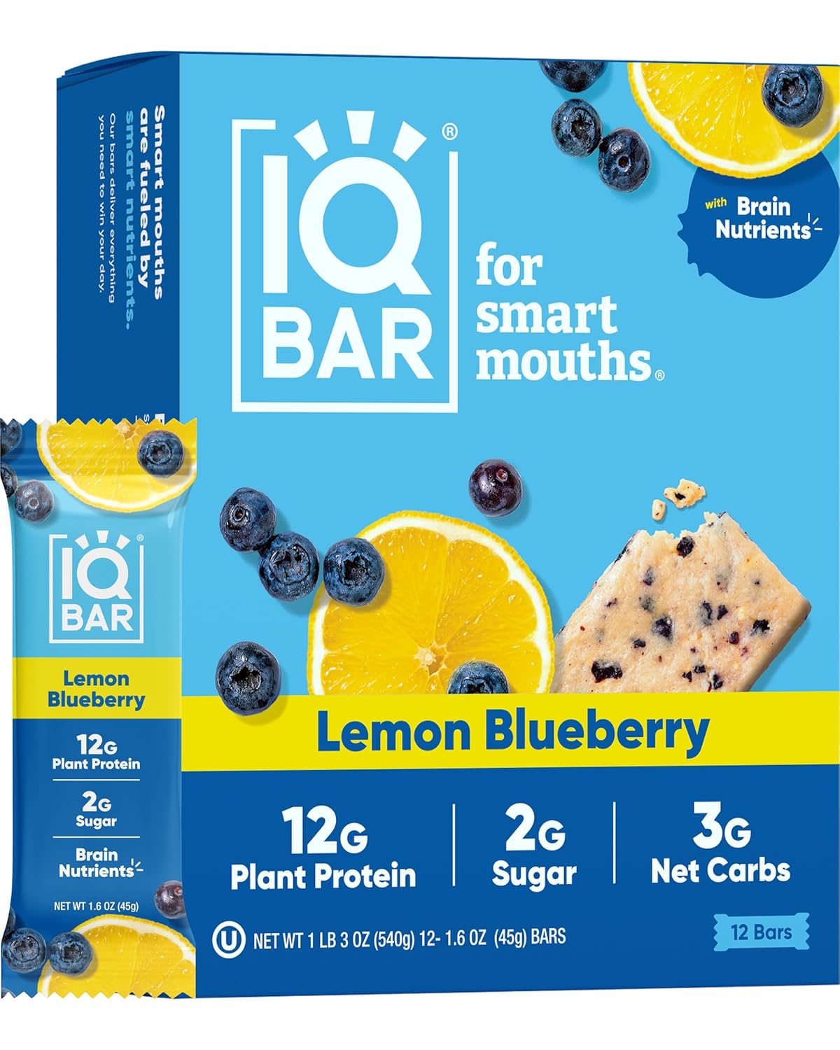 IQBAR Brain and Body Plant Protein Bars - Lemon Blueberry - 12-Count - Keto, Vegan, Low Carb, High Fiber, Gluten Free, Dairy Free, Low Sugar Snack with Nutrients for Focus, Energy, Meal Replacement