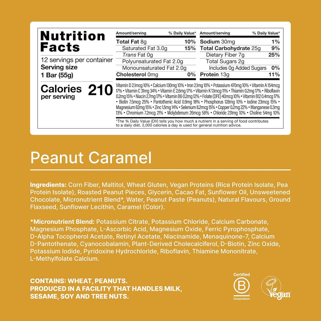 Huel Complete Nutrition Vegan Protein Bars | Peanut Caramel | 13g Protein | 27 Vitamins & Minerals, 2g Sugar, Non-GMO, 100% Plant Based Snack | 12 Pack