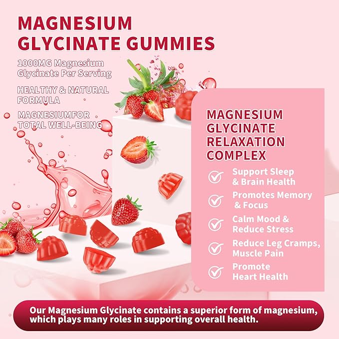 120 CT Magnesium Glycinate Gummies 1000 mg for Women and Men, Magnesium Malate & Taurate Supplements for Sleep, Body Support and Relaxation, Sugar Free, Vegan, Strawberry Flavor