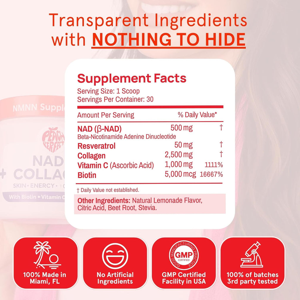 NAD Supplements for Women – Liposomal NAD+ Collagen Powder, 500mg NAD, Resveratrol, Vitamin C & Biotin – NMNH Alternative for Healthy Aging & Energy, Hair Skin & Nails – Pink Lemonade Mix, 30 SVG