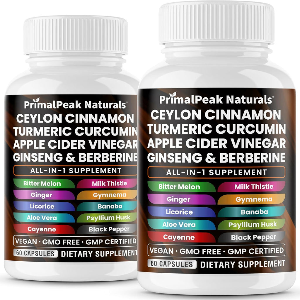 Ceylon Cinnamon Apple Cider Vinegar Turmeric Curcumin Panax Ginseng Berberine with Bitter Melon Banaba Milk Thistle Gymnema Sylvestre Vegan Capsules - 120 Count