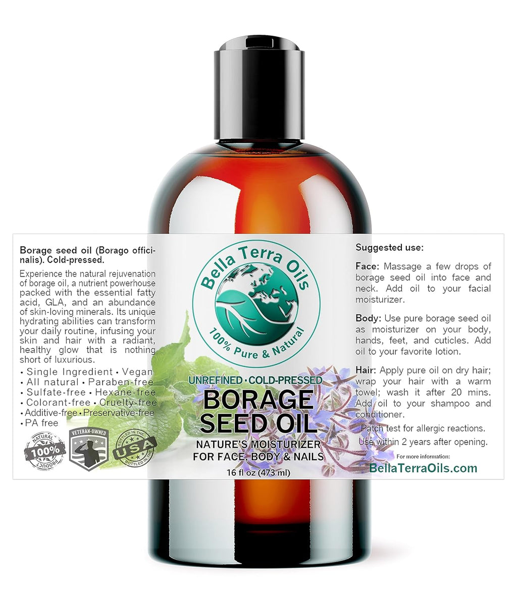 Bella Terra Oils - Organic Borage Seed Oil 16 oz - Unveiling the Power of GLA & Vital Vitamins, Pure Nourishment, Elevate Every Skin Care Routine