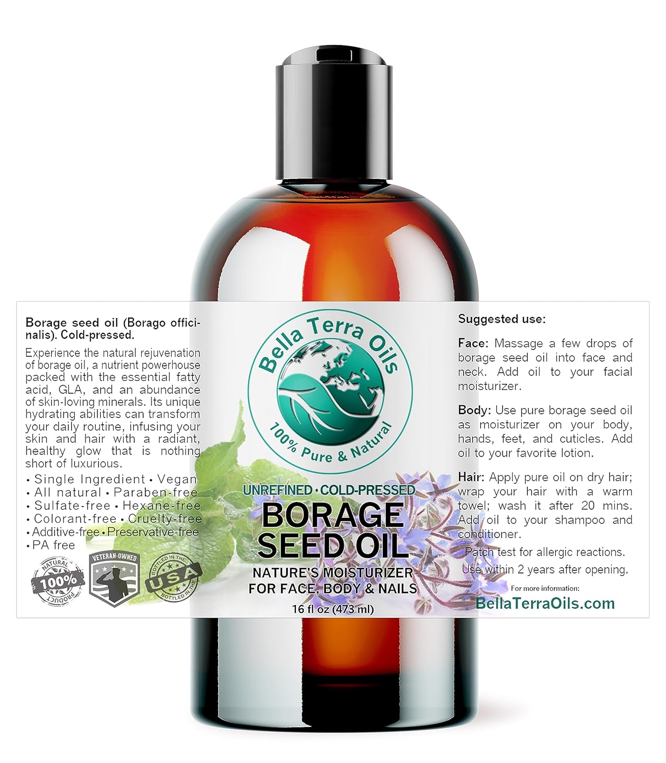Bella Terra Oils - Organic Borage Seed Oil 16 oz - Unveiling the Power of GLA & Vital Vitamins, Pure Nourishment, Elevate Every Skin Care Routine