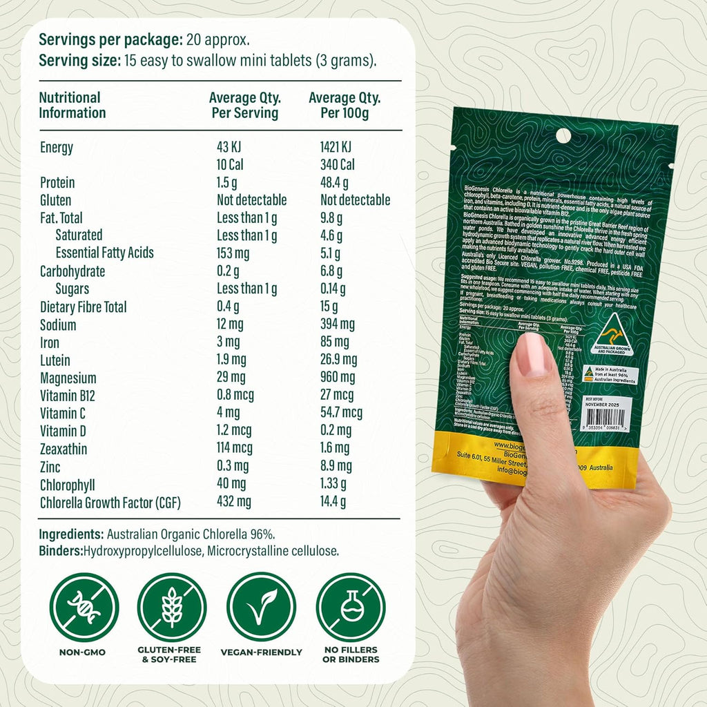 Biogenesis Organic Chlorella Mini Tablets – 300 Count (200mg) | Australian Grown | Rich in Chlorophyll, Vitamins & Minerals | Supports Energy & Immunity | Vegan Mini Tablets