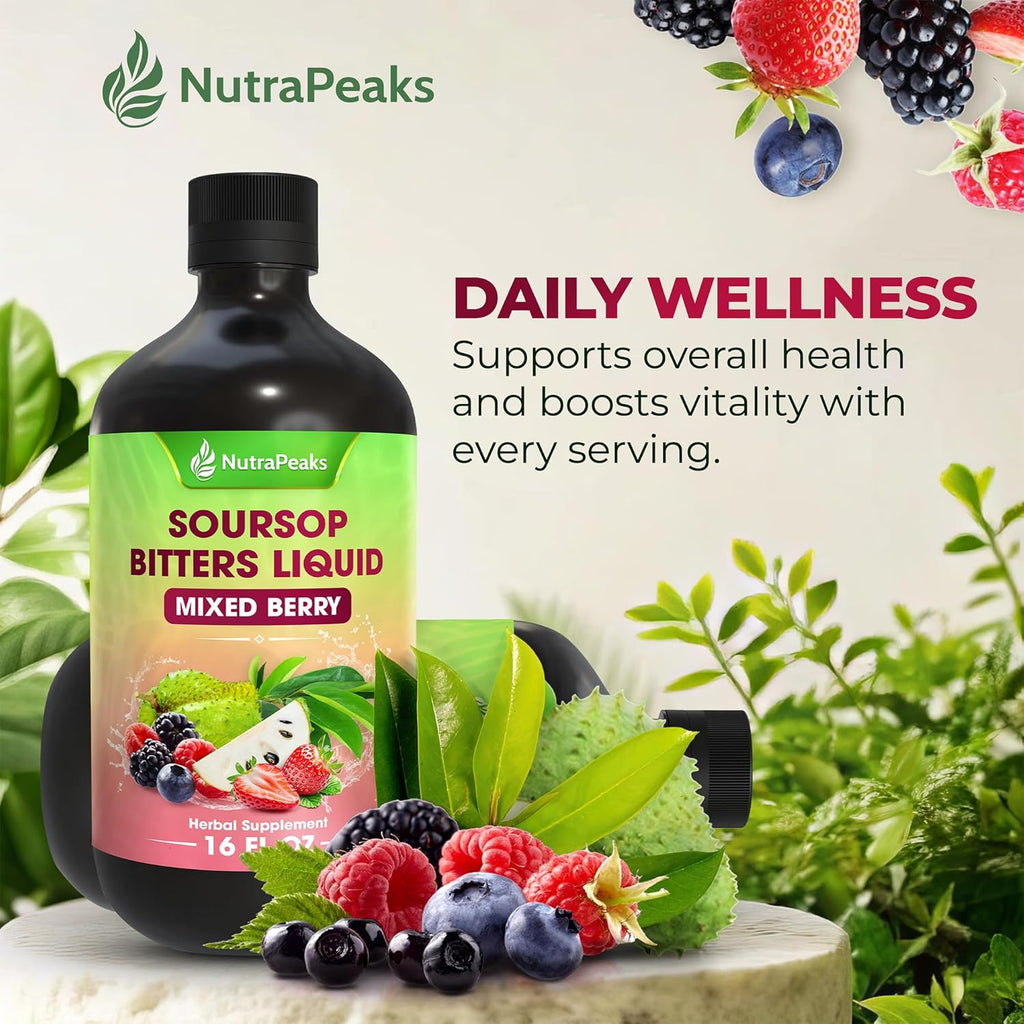 Soursop Bitters Liquid – Herbal Detox Formula with Soursop, Ginger, Turmeric & Black Seed Mixed Berry Flavor – Supports Digestive Balance & Immune Wellness – 16 fl oz