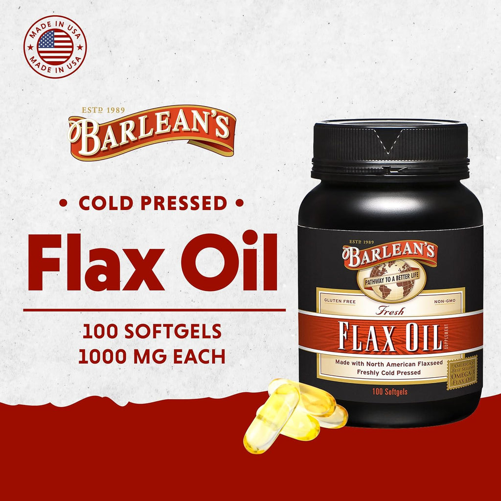 Barlean's Omega 3 6 9 Flaxseed Oil Supplements, Cold-Pressed Flax Seed Supplement Softgels with 1650 mg ALA Fatty Acids, 100 Count