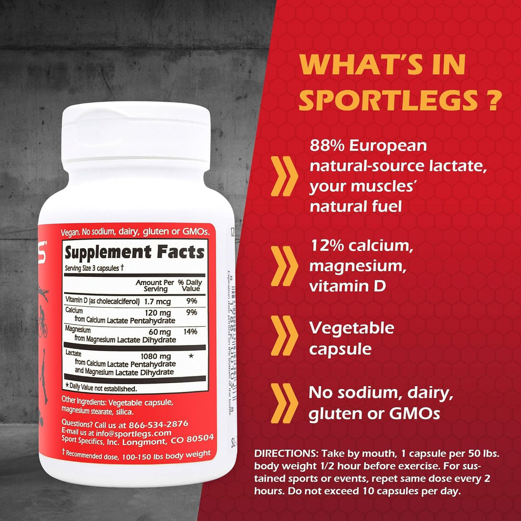 SPORTLEGS Fast Fitness Boost Pre Workout for Men and Women, Lactic Acid Supplement, Sports Endurance Fuel, Endurance Supplements for Runners - NSF Certified for Sport, 120-Capsule Bottle, Pack of 3