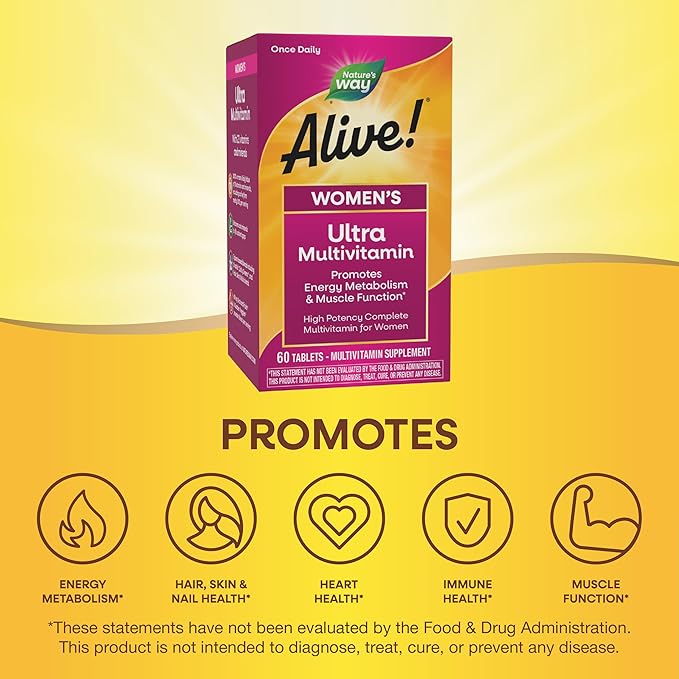 Nature's Way Alive! Women's Daily Ultra Multivitamin, High Potency Formula, Promotes Energy Metabolism and Muscle Function*, Women's Vitamins, Methylated Vitamin B12, 60 tablets