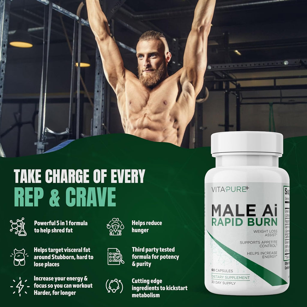 Male Ai Rapid Fat Burner for Men | Supports GLP-1 Pathway Function for Weight Loss | Appetite Suppressant, Energy Booster, Unisex Diet Pills | 3rd Party Tested Formula - 60 Capsules
