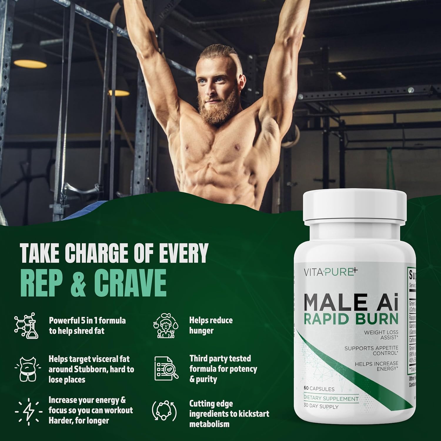 Male Ai Rapid Fat Burner for Men | Supports GLP-1 Pathway Function for Weight Loss | Appetite Suppressant, Energy Booster, Unisex Diet Pills | 3rd Party Tested Formula - 60 Capsules