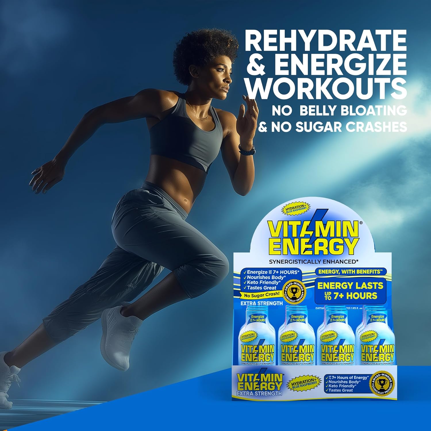 Vitamin Energy Hydration+ Extra Strength Energy Shot Blue Raspberry 10 Pack, 260mg Natural Caffeine, Electrolytes, BCAAs, Amino Acids, Hydration & Performance, Zero Sugar, Gluten-Free, 1.93 fl oz