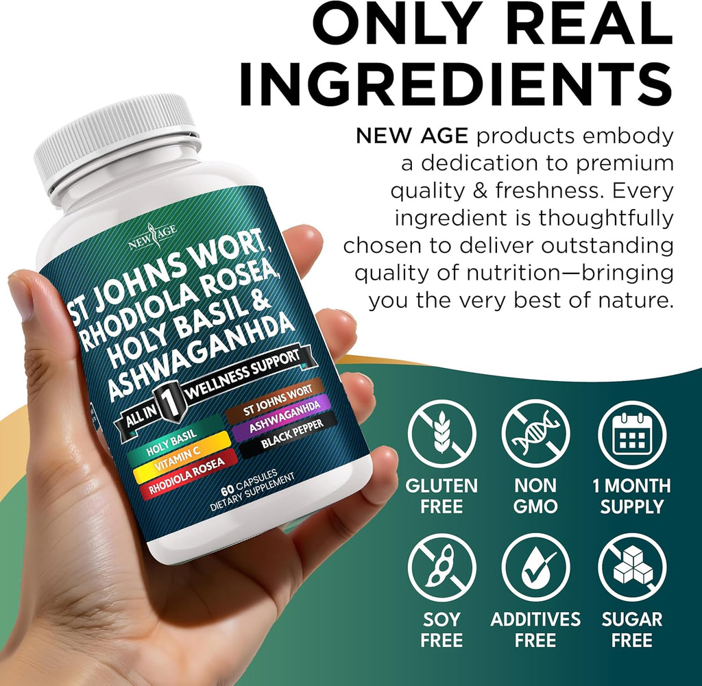 NEW AGE St Johns Wort, Rhodiola Rosea, Holy Basil, Ashwagandha - Support for Women and Men with Vitamin C & Black Pepper Extract - 180 Count