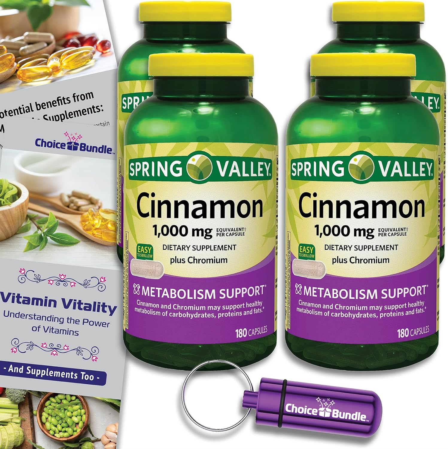 Choice Bundle Spring Valley Cinnamon Plus Chromium Capsules 1000 mg 180 Ct 4 Pk (720 Total) + Vitamin Vitality & Pill Container (6 Items)!