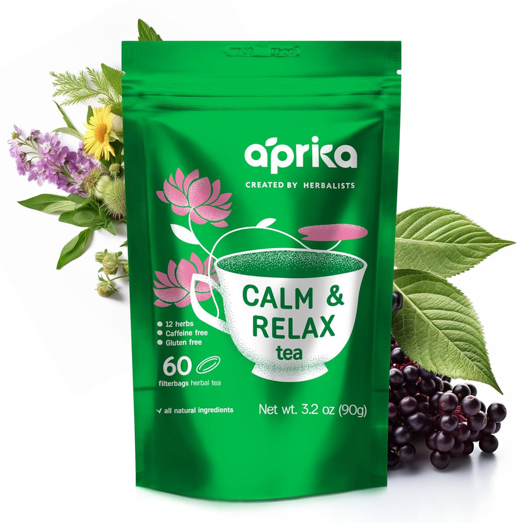 AprikaLife - Calm and Relax Herbal Tea with Chamomile, Peppermint, and Lavender - 60 Tea Bags. Delicious Herbal Blend for a Calming Experience