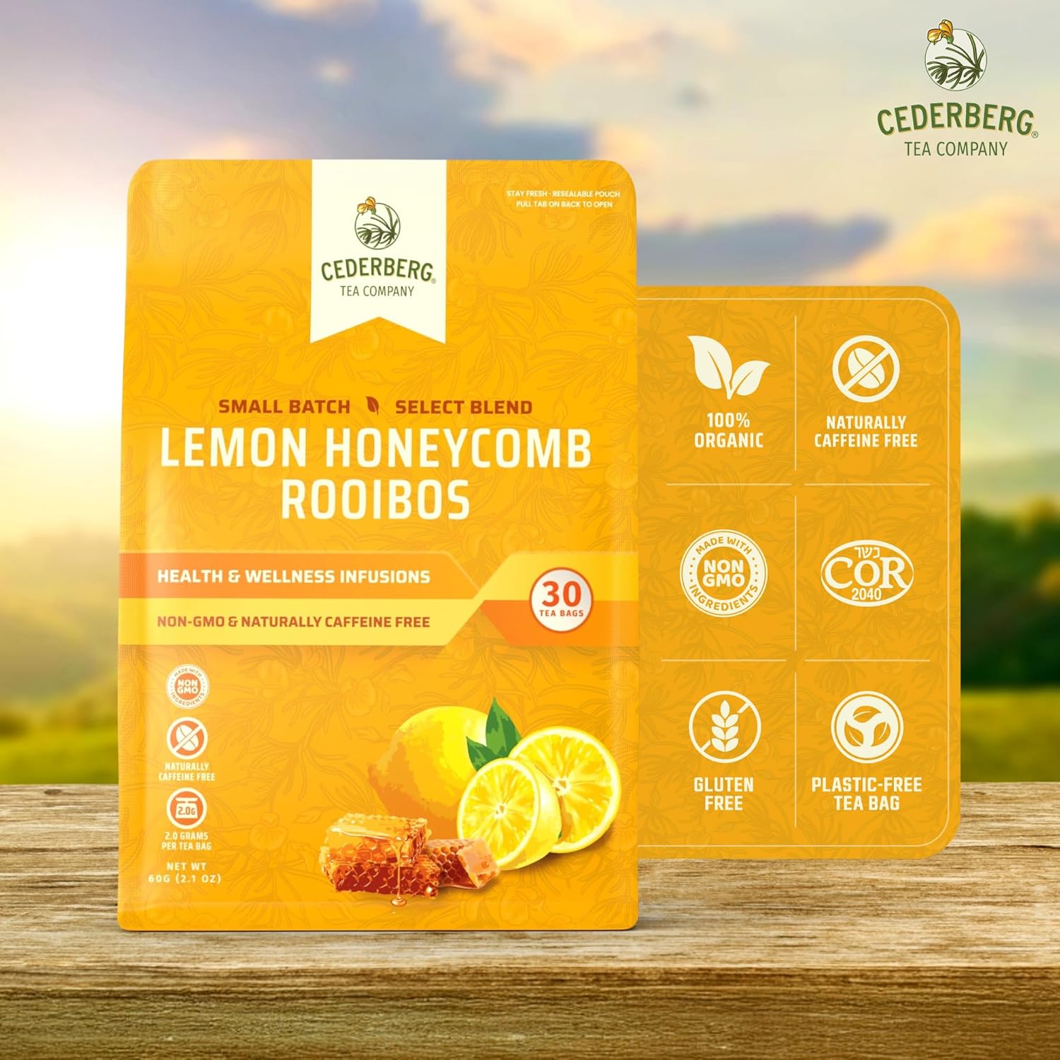 Cederberg Tea Company Lemon Honeycomb Rooibos Tea Bags - Made with Organic Red Rooibos Tea, South African Herbal Tea, Naturally Caffeine Free Tea, Small Batch - Select Blend Non-GMO, Premium Leaf, Antioxidant-Rich, 30 Count
