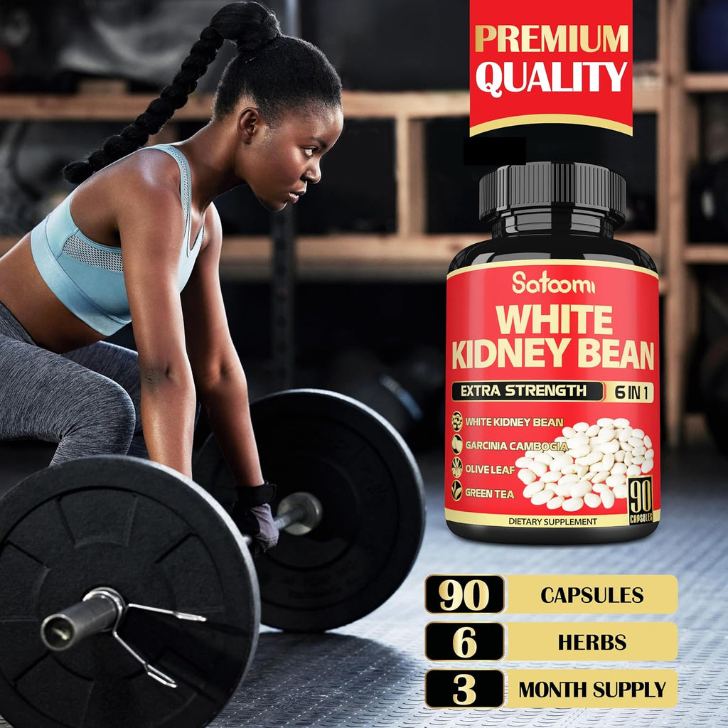 Satoomi 6 in 1 White Kidney Bean Extract Capsules -90 Capsules -3 Month Supply - Extra Blend with Olive Leaf, Green Coffee Bean & Green Tea - Support Carb Scale Down