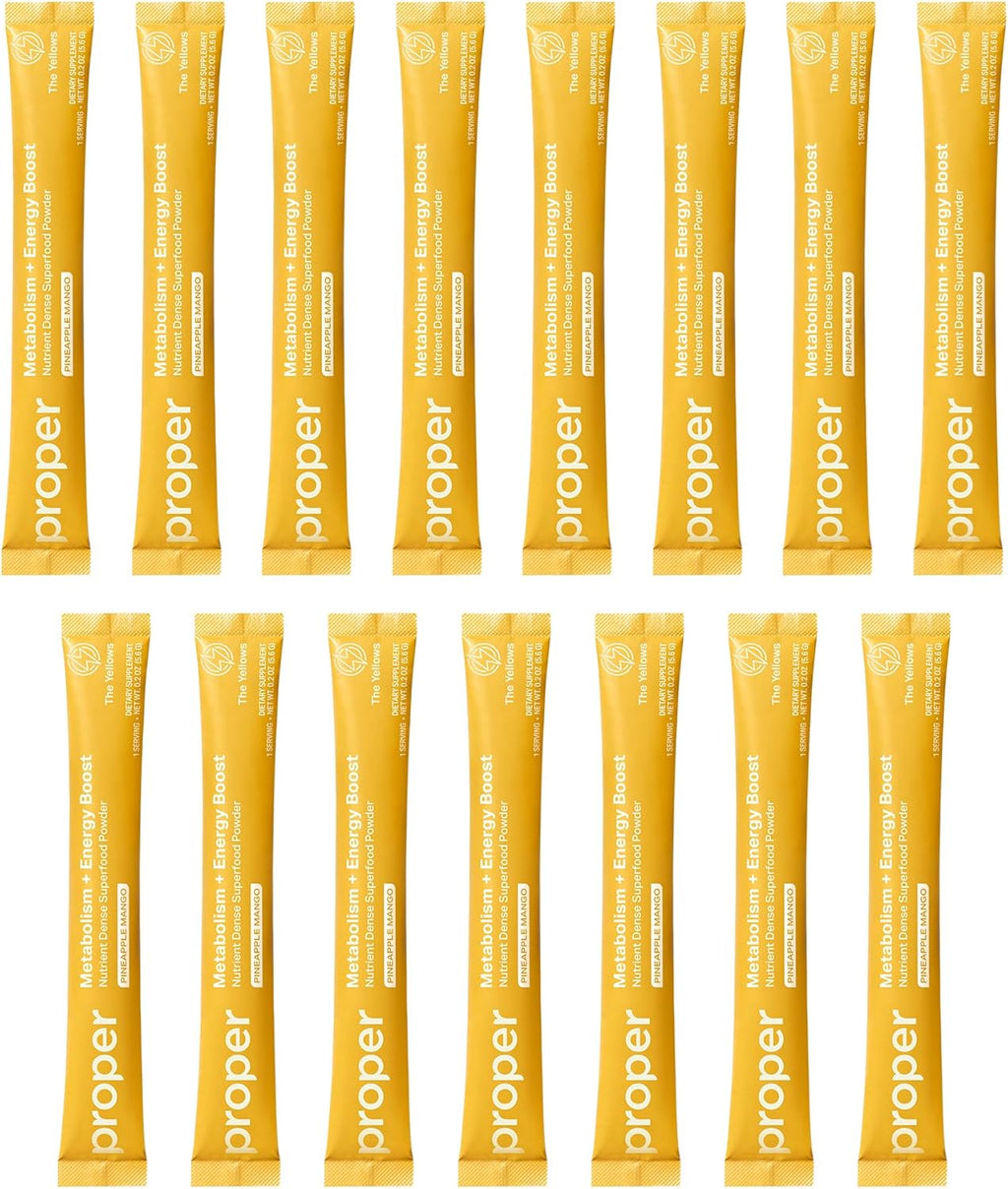 Proper, The Yellows Metabolism and Energy Boost, Sugar Free Energy Drink Powder with 100mg Caffeine. No Creatine or Beta-Alanine. 15 Servings, Pineapple Mango Drink Mix for Men and Women