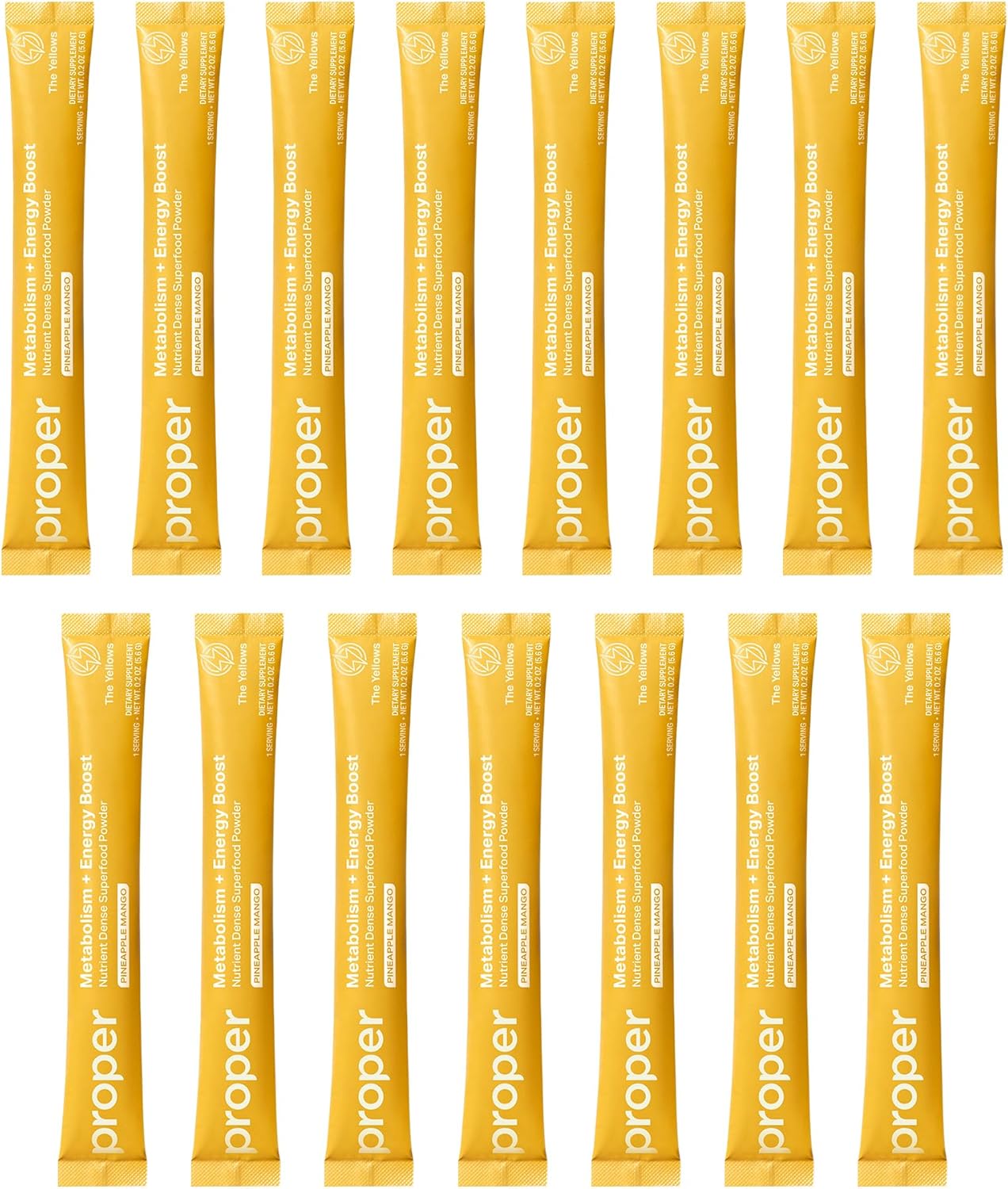 Proper, The Yellows Metabolism and Energy Boost, Sugar Free Energy Drink Powder with 100mg Caffeine. No Creatine or Beta-Alanine. 15 Servings, Pineapple Mango Drink Mix for Men and Women
