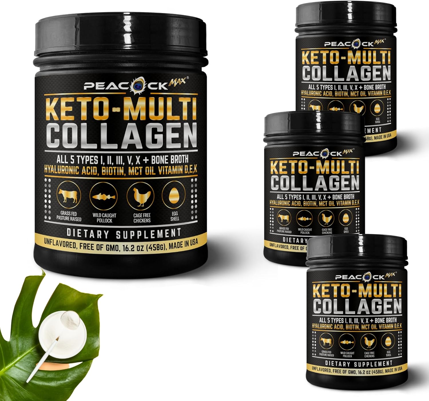 Multi Collagen Protein Powder 16.2 oz (4 Pack) | 5 Types with Bone Broth, Hydrolyzed Peptides, Biotin & MCT Oil, Unflavored Collagen Powder, Supports Skin, Hair, & Nails, Keto Friendly