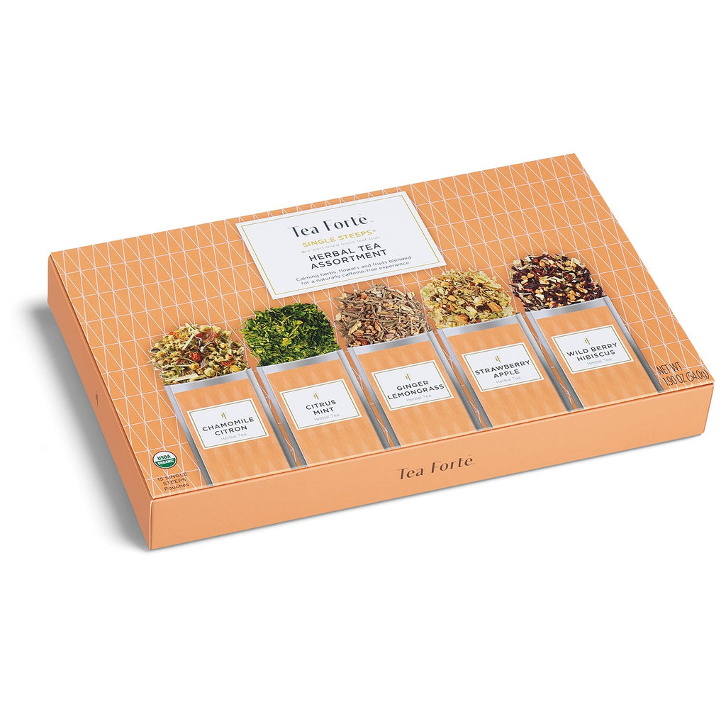 Tea Forte Herbal Tea Assortment Single Steeps Loose Leaf Premium Tea Gift Set Sampler, 15 Count 3 of Each Assorted Blends, Pre-Portioned Single Serve Pouches, Steeps 12 oz
