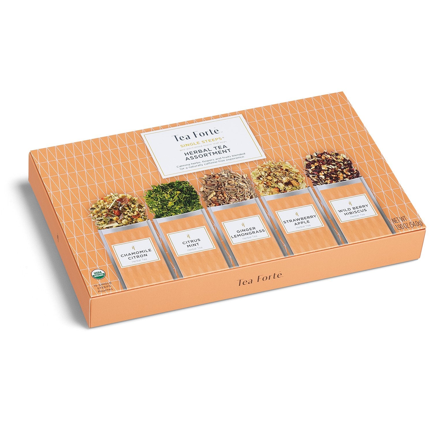 Tea Forte Herbal Tea Assortment Single Steeps Loose Leaf Premium Tea Gift Set Sampler, 15 Count 3 of Each Assorted Blends, Pre-Portioned Single Serve Pouches, Steeps 12 oz