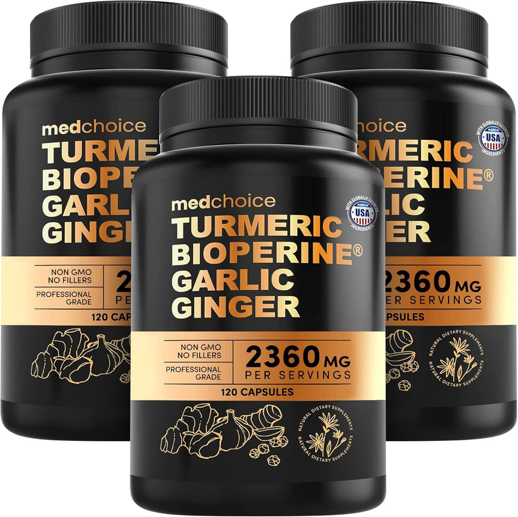 4-in-1 Turmeric and Garlic Supplements with Bioperine 2360 mg Turmeric Ginger Root Capsules with Garlic for Joint, Digestion & Immune Support (120ct, Pack of 3)