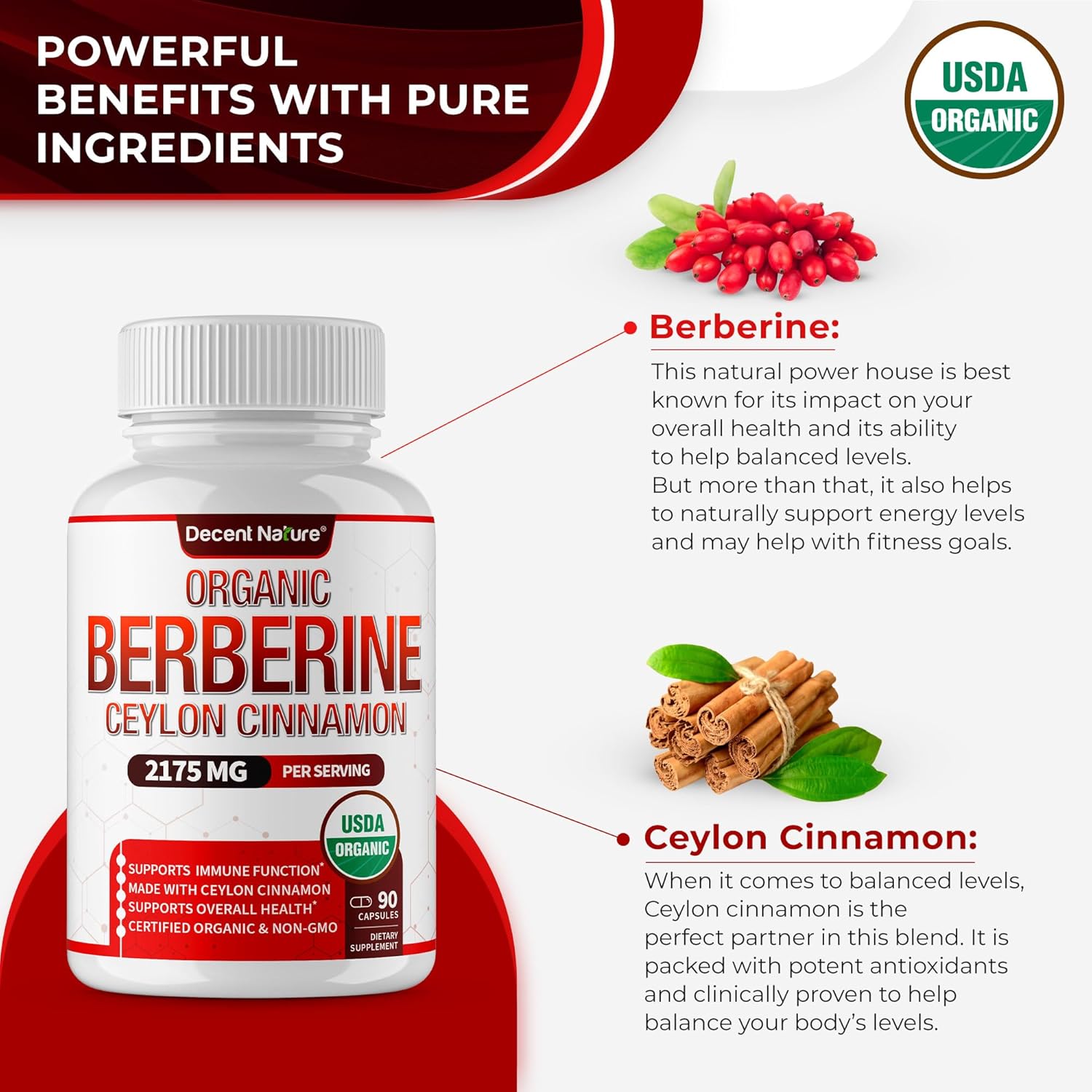 Organic Berberine with Ceylon Cinnamon 2175mg - Premium berberine supplement high purity extract USDA Organic, support immune system, Berberine Plus Complex, Non-GMO Vegan for Men Women 90 Capsules