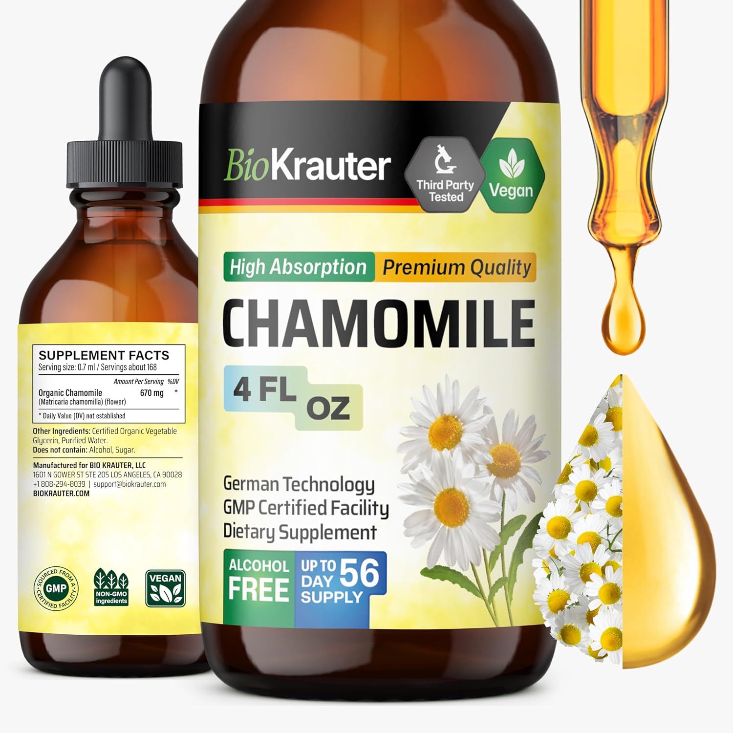 BIO KRAUTER® Chamomile Extract - Liquid Drops Pure Vegan Chamomile Supplement 670 mg per Serving 4 Fl.Oz 56-Day Supply - Used for Calm & Relax - Alcohol & Sugar Free - Natural Calm & Sleep Support