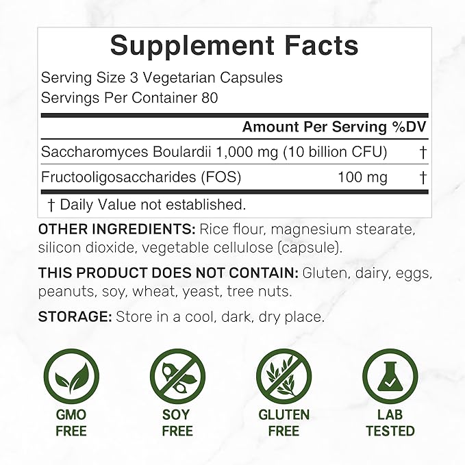 Saccharomyces Boulardii Probiotics + FOS Supplement, 10 Billion CFU, 240 Veggie Capsules – Probiotic & Prebiotic for Women & Men – Gut, Immune & Digestive Health Support – Non-GMO