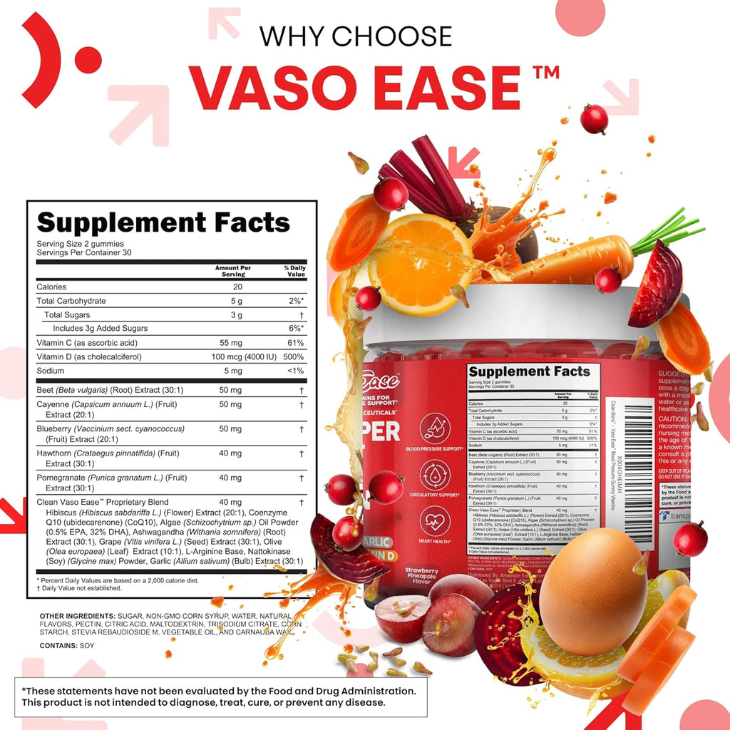 Clean Nutra Cayenne Pepper Beetroot Gummies Beet Root Garlic CoQ10 Hawthorn Berry Grape Seed Extract Olive Leaf Nattokinase Hibiscus Vitamin D Nitric Oxide - VasoEase