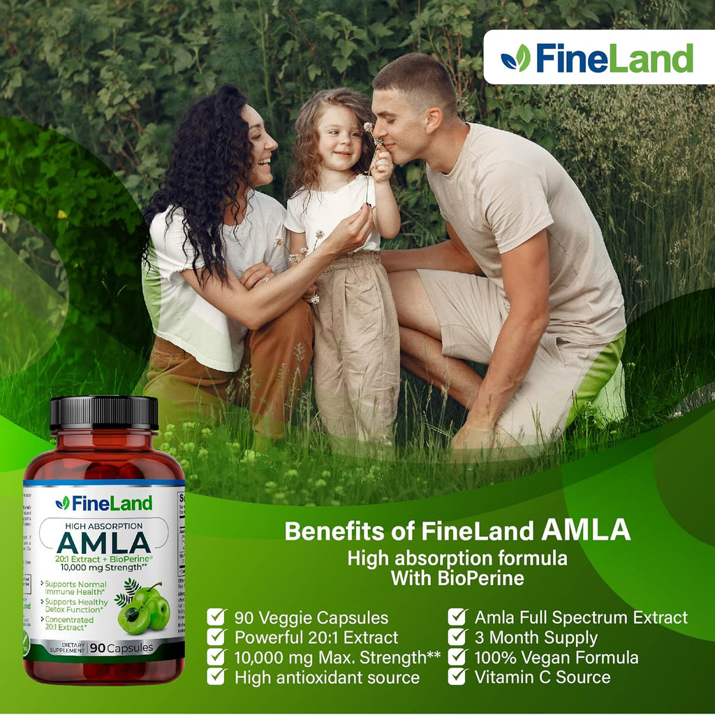 FineLand Amla (Indian Gooseberry) 20X Full Spectrum Extract – 30,600mg Equivalent per Serving with BioPerine® for Absorption, Rich in Natural Vitamin C, Immune & Digestive Support – 90 Vegan Capsules