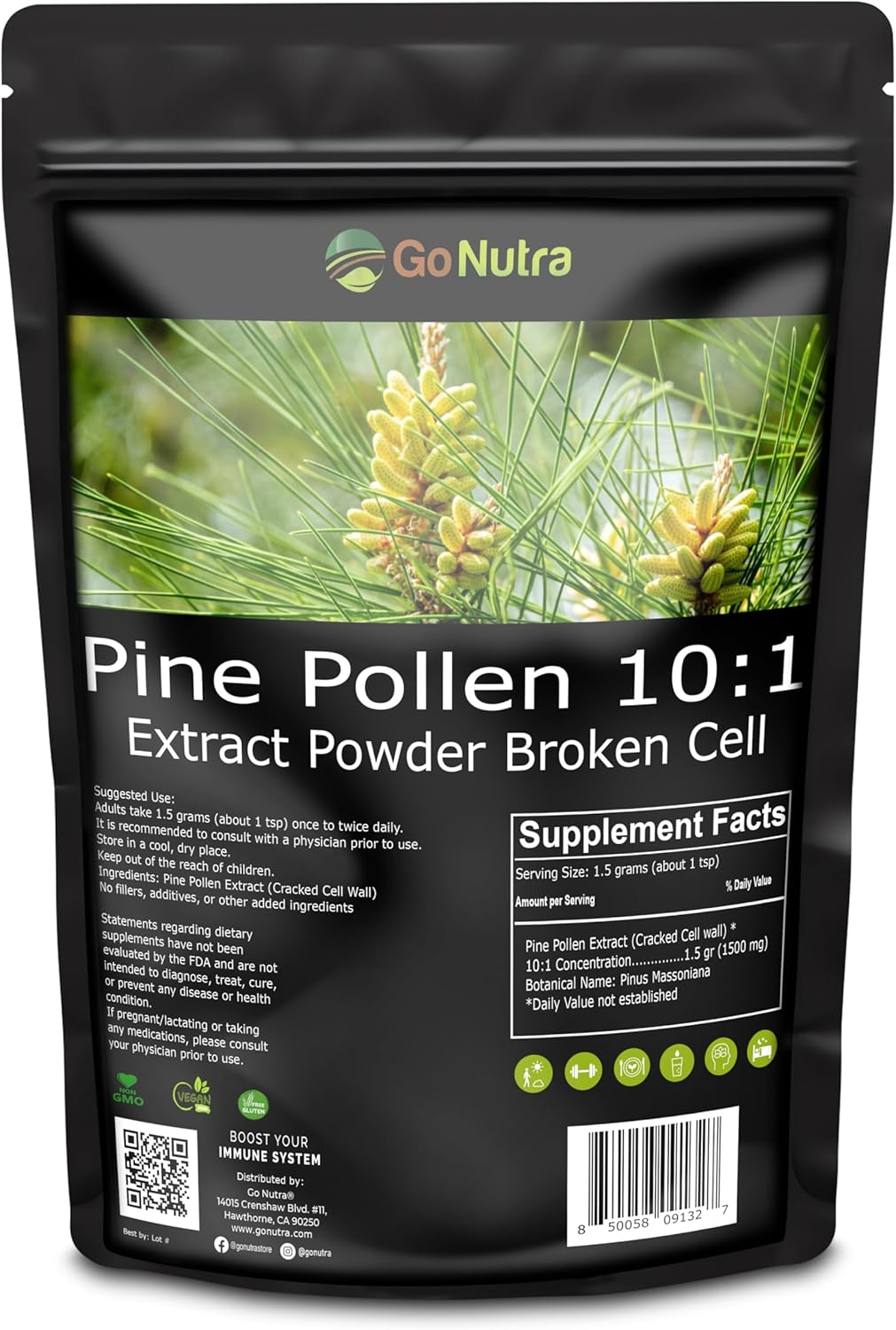 Go Nutra - Pine Pollen Powder, Potent 10:1 Pine Pollen Powder from Masson Pine Trees, Pure Powdered Pine Pollen for Tea, Coffee, Juice, Smoothies, and More, Non-GMO, Vegan, 8 oz