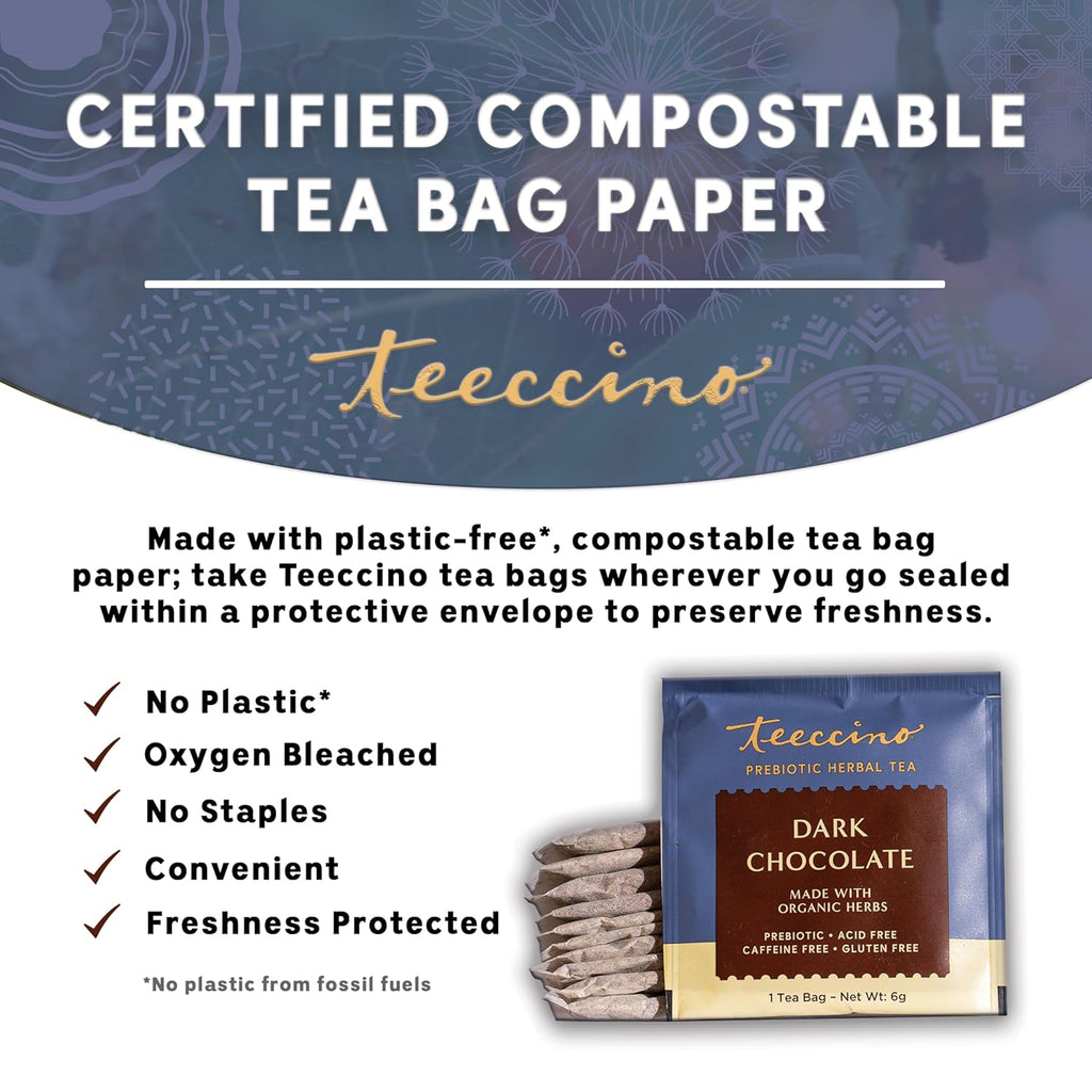 Teeccino Dark Chocolate - Prebiotic SuperBoost™ Herbal Tea - Support Your Probiotics with Vegan GOS & Organic XOS For Good Gut Health and Regularity, Digestive Chocolate Tea, 25 Tea Bags (Pack of 3)
