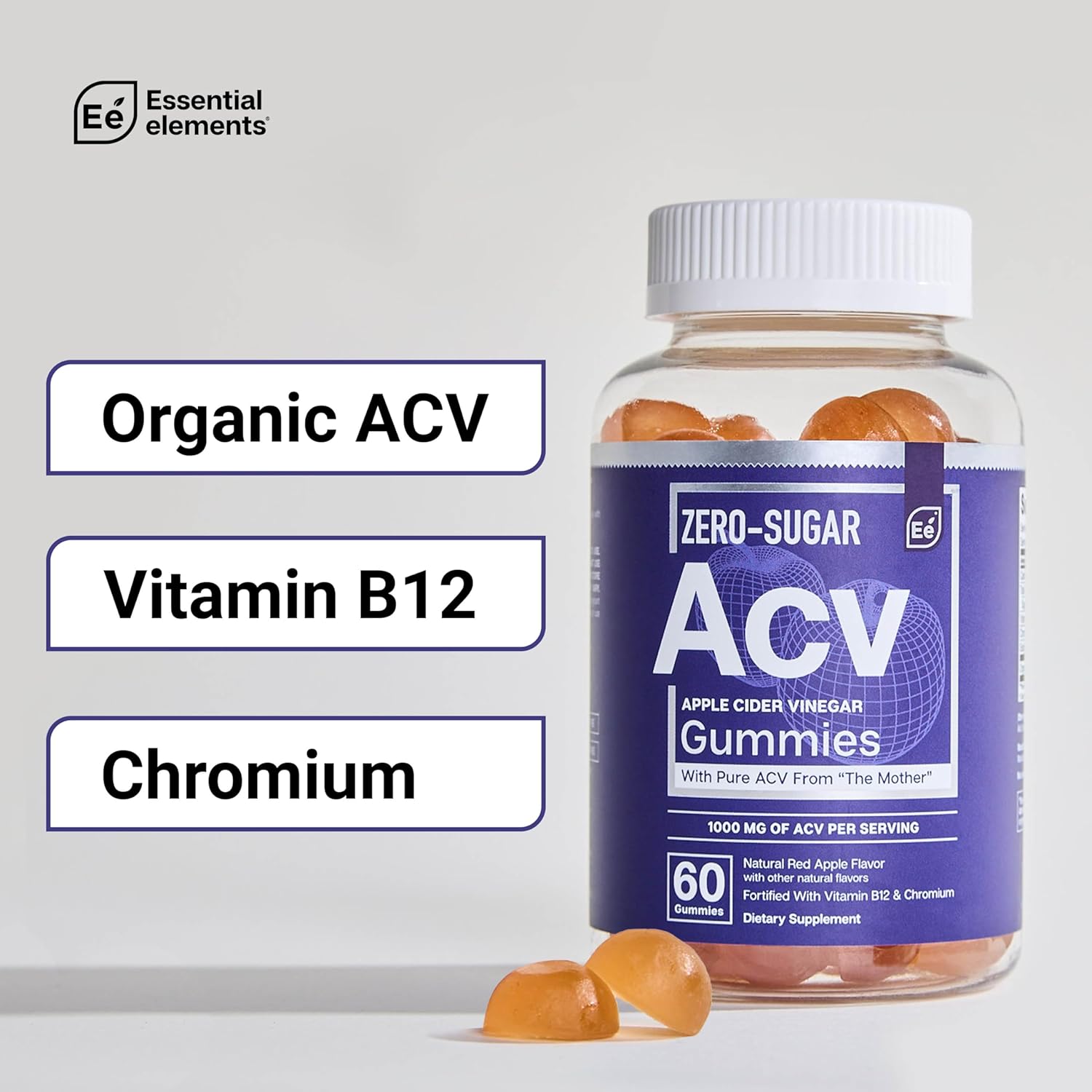 Essential Elements Zero-Sugar ACV Apple Cider Vinegar Gummies from “The Mother” - Naturally-Sourced, Vegan ACV Gummies with Chromium 60 Count (2-Pack)