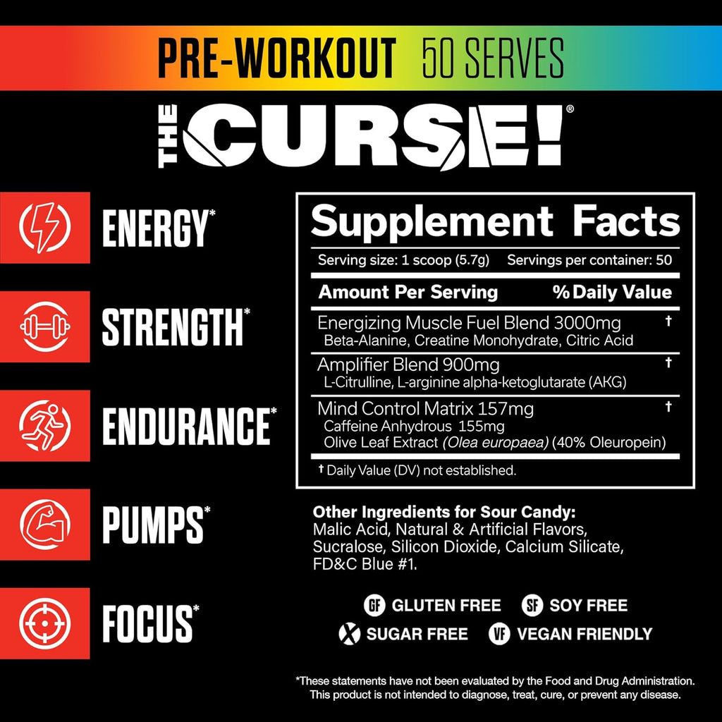 JNX SPORTS The Curse! Pre Workout Powder for Men & Women, Caffeine, Beta-Alanine, Creatine, L-Citrulline, 50 Servings, Sour Candy Flavor – Boost Energy, Strength & Focus