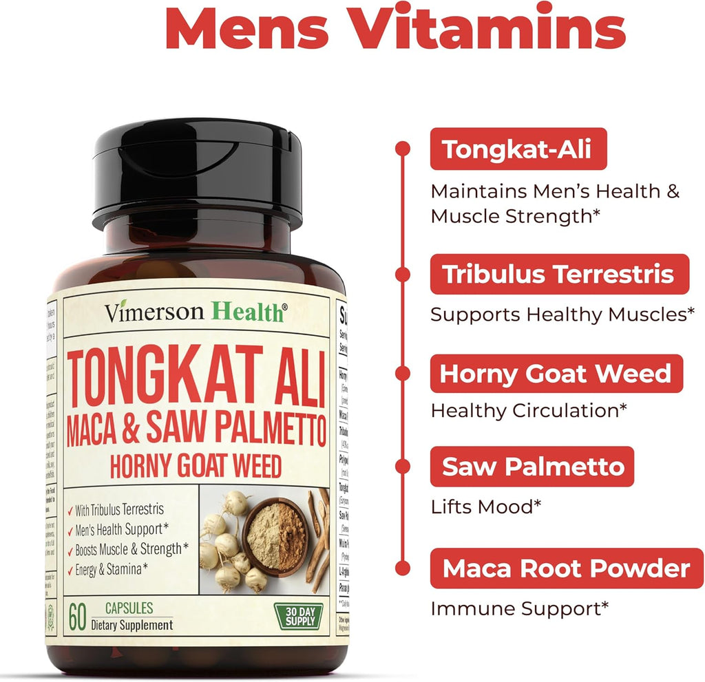 Tongkat Ali & Hornygoatweed for Men with Maca Root Powder, Saw Palmetto for Men and Tribulus Terrestris - Healthy Testosterone Support and Balanced Energy Supplements - 60 Premium Tongat-Ali Capsules