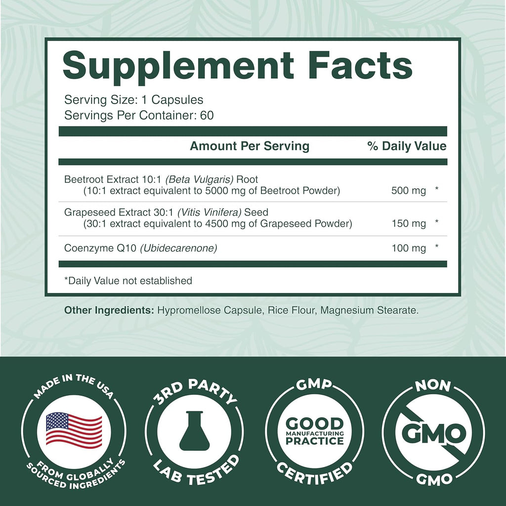 PurePremium Beet Root Capsules - 3-in-1 Blood Pressure Supplements with Beets, CoQ10 & Grapeseed - Beetroot Capsules Nitric Oxide Supplement for Normal Heart Health & Circulation Health - 60ct