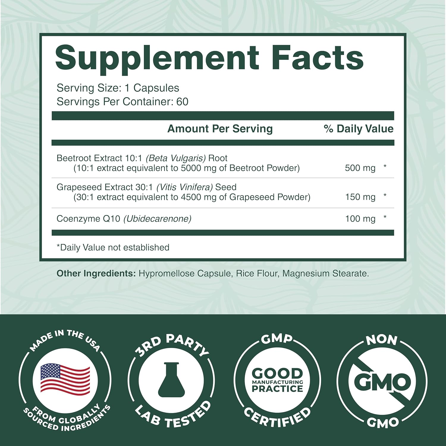 PurePremium Beet Root Capsules - 3-in-1 Blood Pressure Supplements with Beets, CoQ10 & Grapeseed - Beetroot Capsules Nitric Oxide Supplement for Normal Heart Health & Circulation Health - 60ct