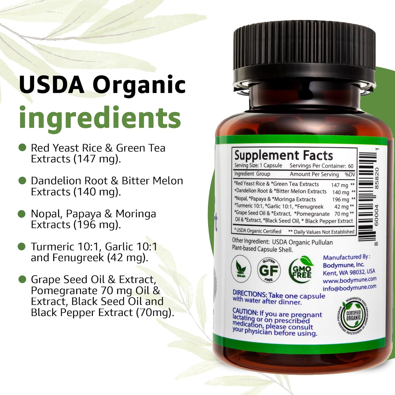 CholesterolSupport Heart Health Blend | USDA Organic Supplement w/Extracts of Green Tea, Dandelion, Bitter Melon, Moringa | 60-Day Supply | Vegan, Non-GMO, Gluten-Free, Made in USA