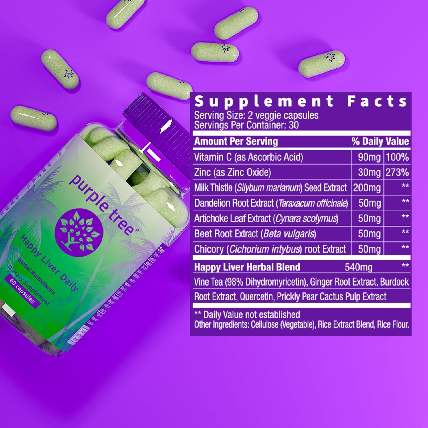 purple tree Happy Liver Daily | Liver Support & Cleanse Supplement with Milk Thistle 80% Silymarin, Dandelion, Artichoke, Vine Tea DHM & Vitamins | Daily Liver Wellness Formula | 60 Vegan Capsules