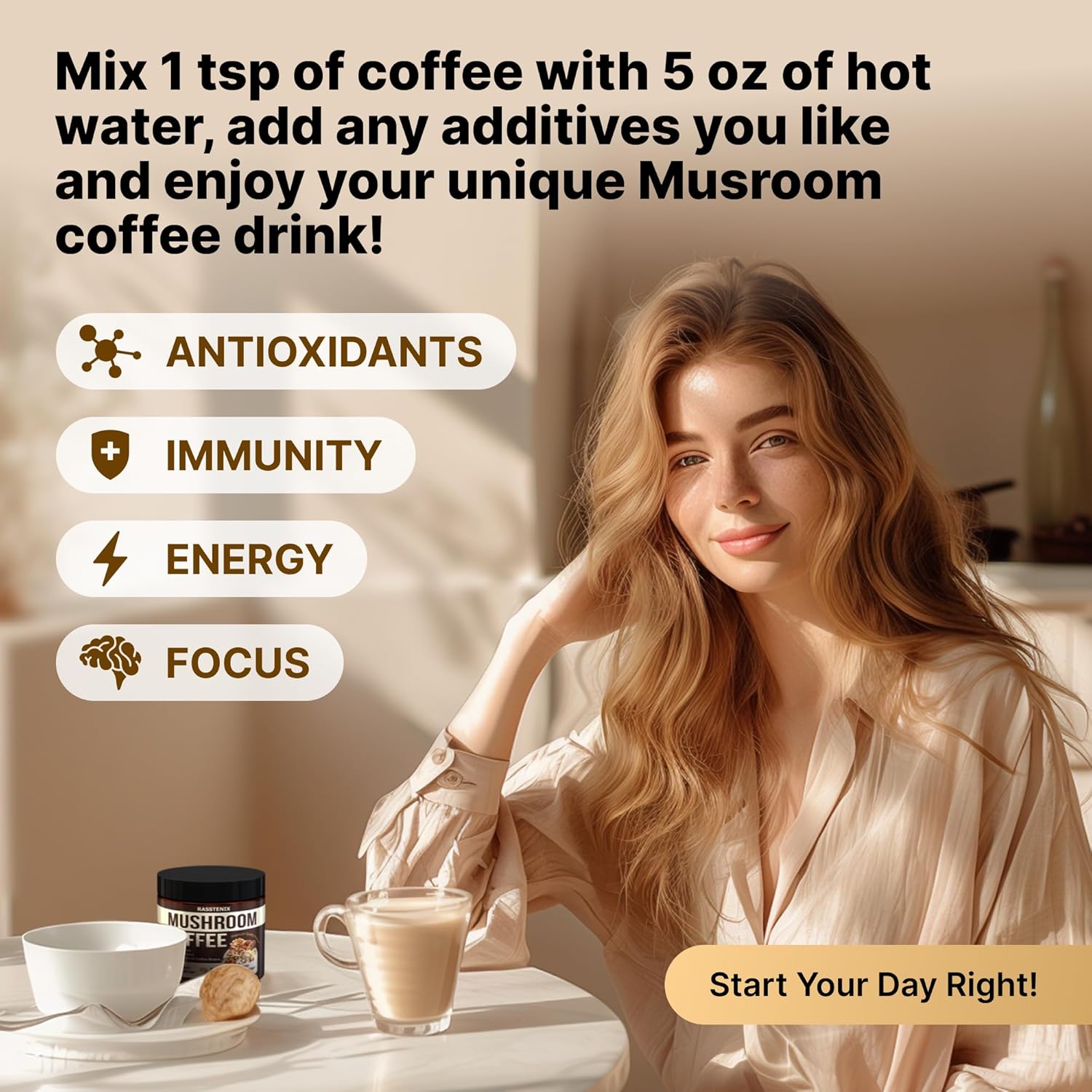 Mushroom Coffee Organic - 9 Mushroom Adaptogen Mix - Lion's Mane, Chaga, Turkey Tail, Reishi, Shiitake - Instant Mushrooms Coffee for Gut Health, Energy, Mental Clarity - 60 Servings