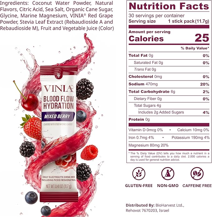VINIA Resveratrol Electrolyte Hydration Powder Mix, Mix Berry | Boost Blood Flow & Circulation | Sea Salt, Coconut Water Potassium, Magnesium, Informed Sport Certified, 30 Sticks