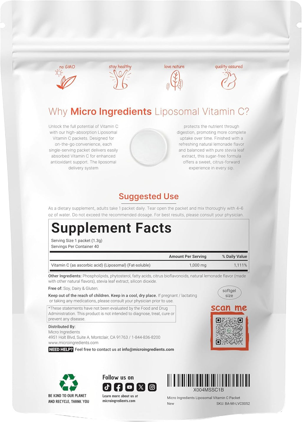 Liposomal Vitamin C 1,000mg | 40 Packets with Sugar Free Lemonade Flavor | Highly Bioavailable Fat Soluble Form | Liposomal Delivery for Superior Absorption | Antioxidants Supplement & Immune Support