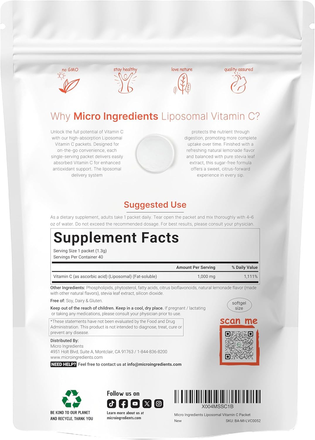 Liposomal Vitamin C 1,000mg | 40 Packets with Sugar Free Lemonade Flavor | Highly Bioavailable Fat Soluble Form | Liposomal Delivery for Superior Absorption | Antioxidants Supplement & Immune Support