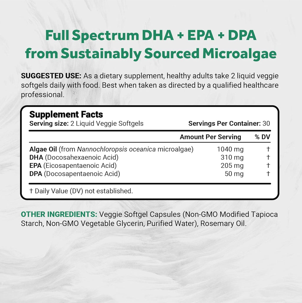 Vegan Omega 3 DHA, EPA & DPA from Algae | Vegan Society Certified, Sustainably Sourced, True Full Spectrum | 60 Veggie Softgels (Carrageenan Free)