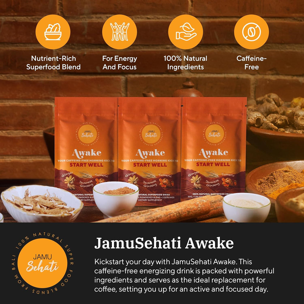 JAMUSEHATI Awake, Caffeine-Free Morning Kick, Natural Superfoods Blend from Bali, Containing Ginger, Turmeric and Javanese Ginseng, Pack of 3 Sachets