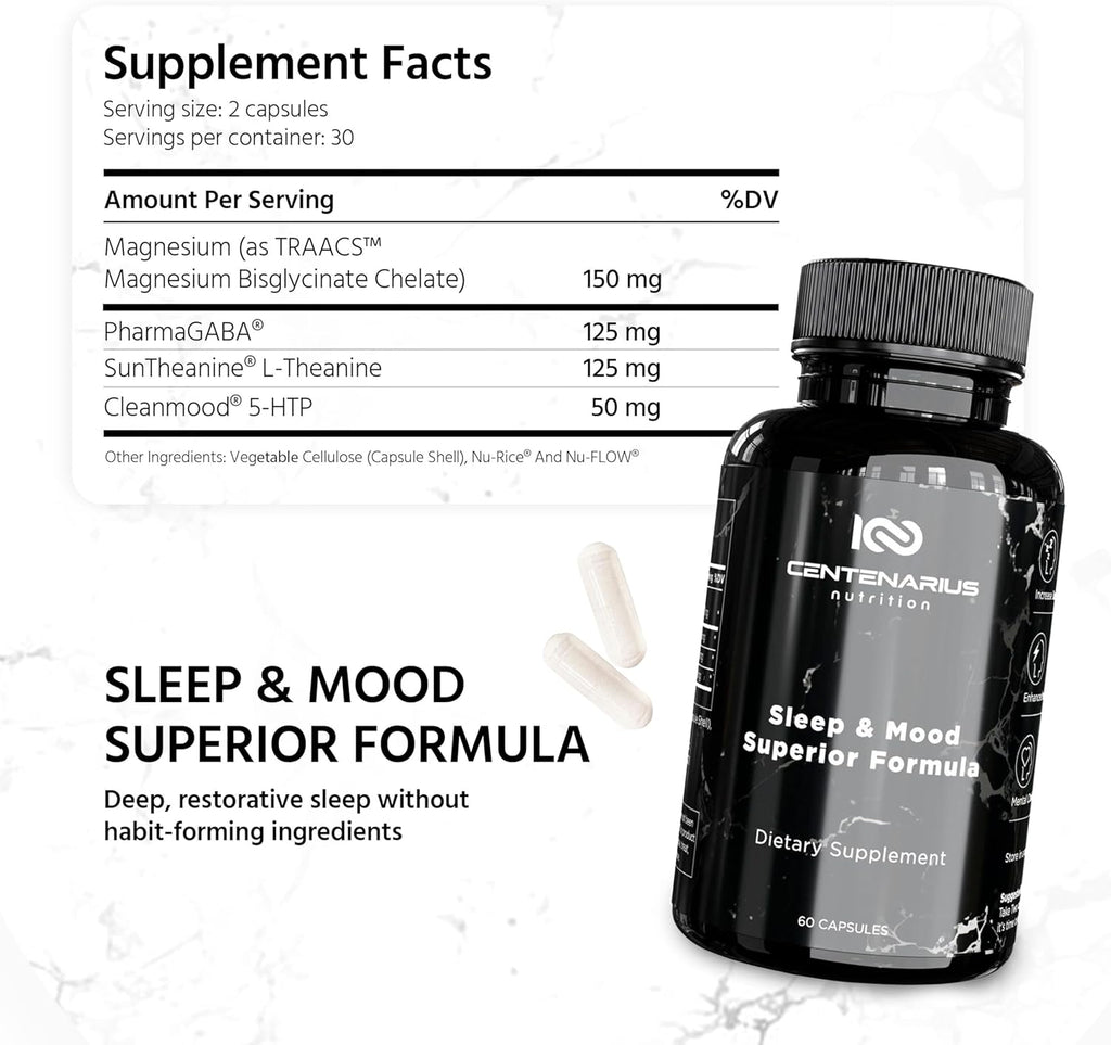 Centenarius Nutrition Sleep and Mood Formula with L-Theanine, 5-HTP, PharmaGABA + More for Sleep + Enhanced Mood & Stress Levels (60 Count)